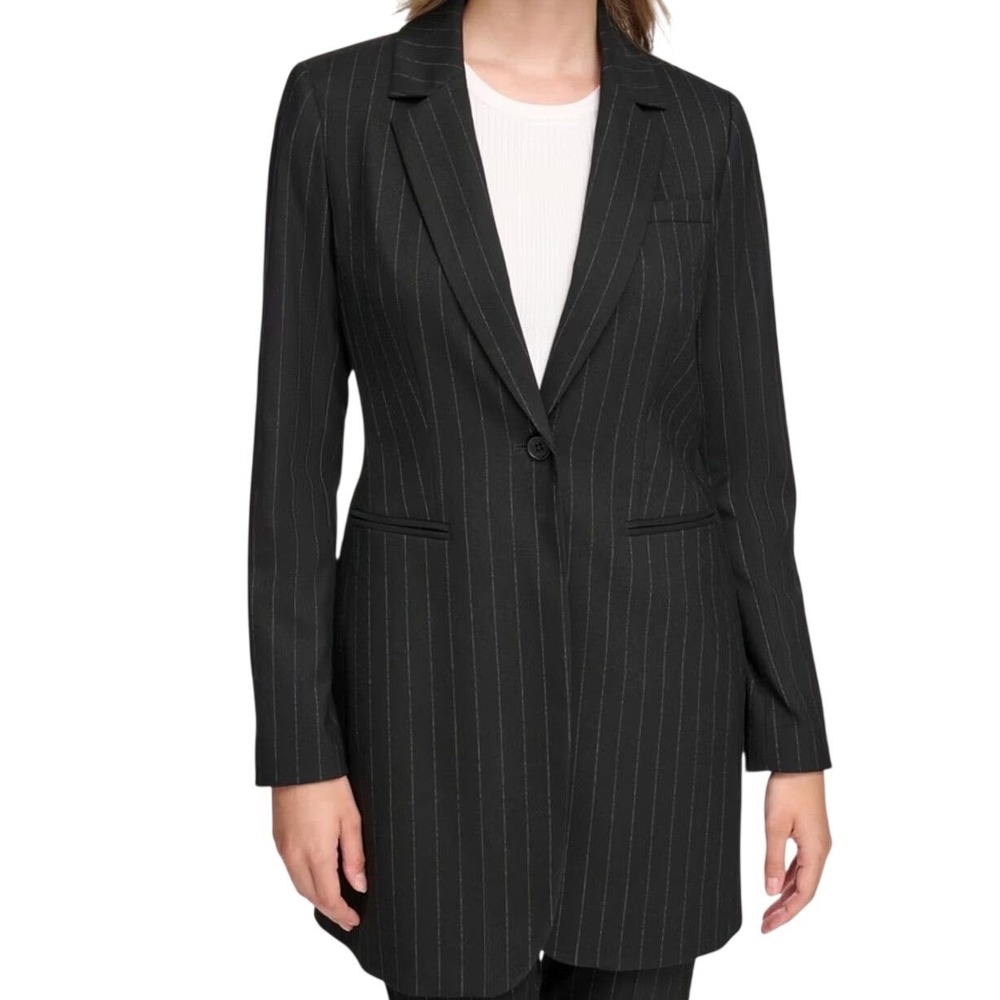 Calvin Klein Womens Black Pinstripe Single Button Longline Blazer Jacket Size 14